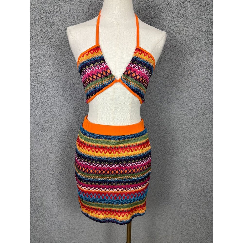 Colorful Women's Boho Knit Halter Top & Skirt Set Vibrant Multicolor Medium NWOT